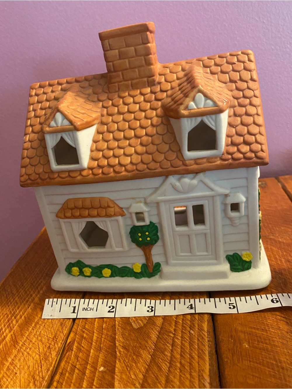 PartyLite Ceramic White Cottage with Tan Roof and Green Accents